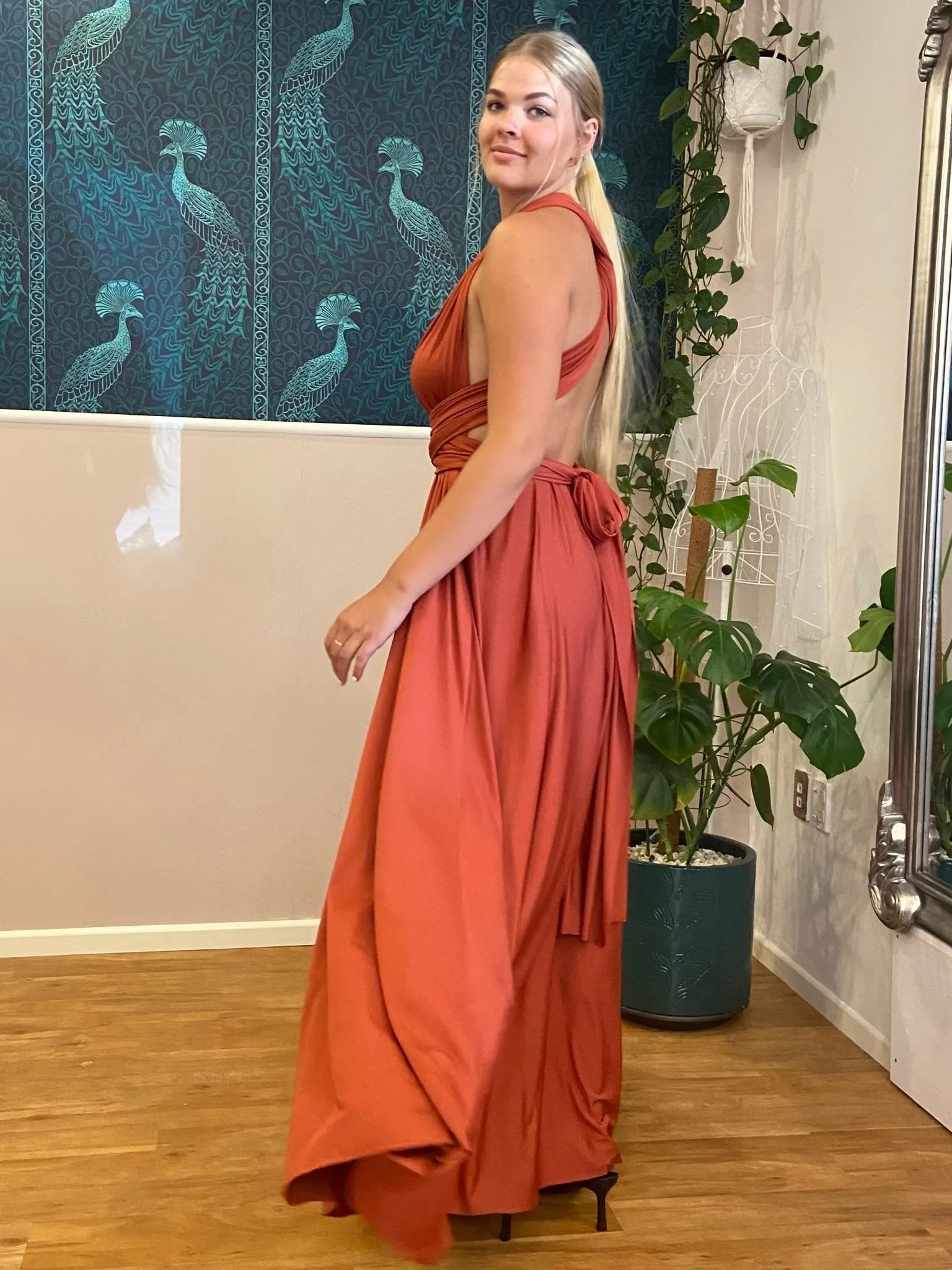 Luxe Burnt Orange Infinity bridesmaid dress with Split Express NZ wide