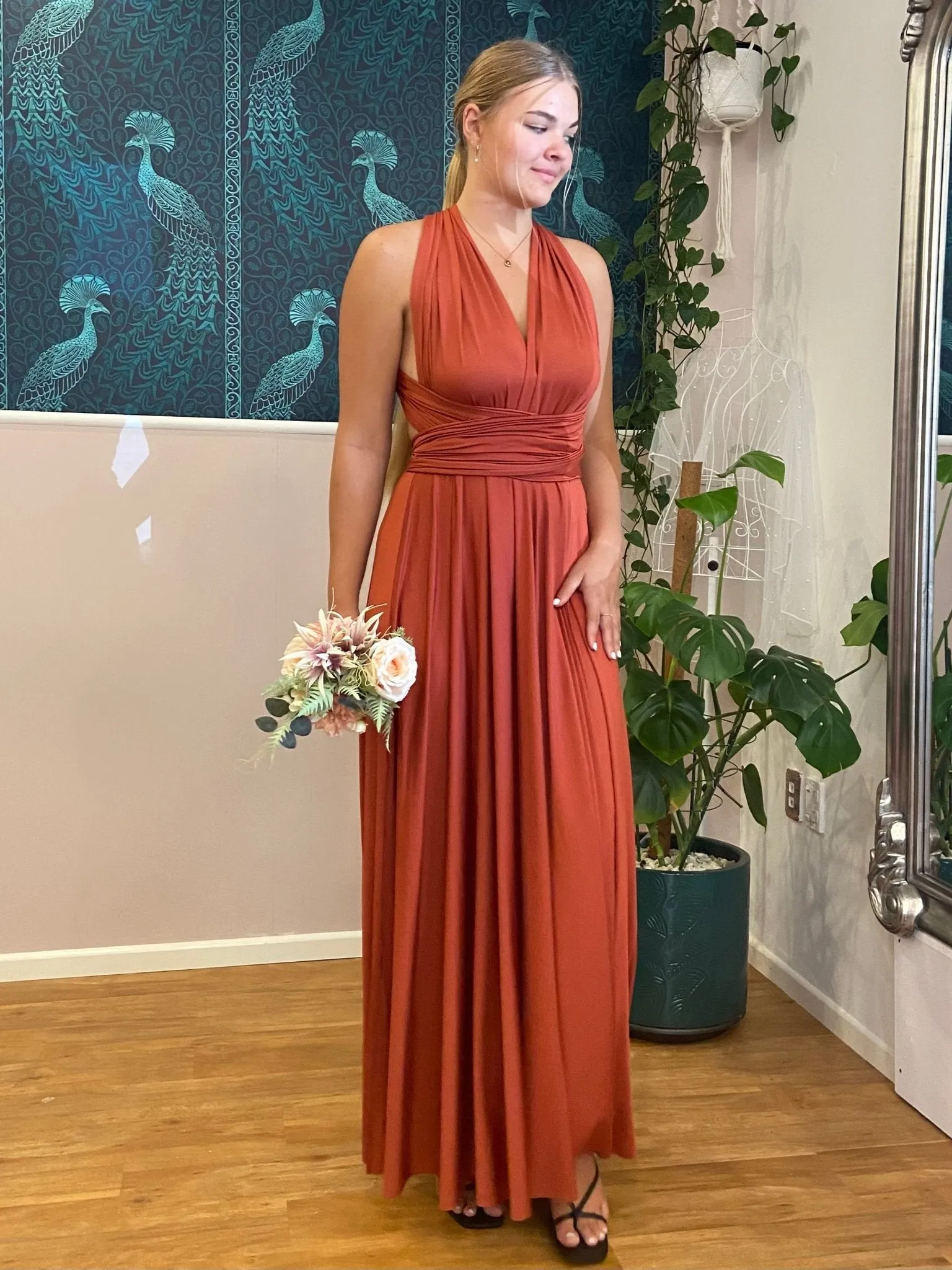 Luxe Burnt Orange Infinity bridesmaid dress with Split Express NZ wide