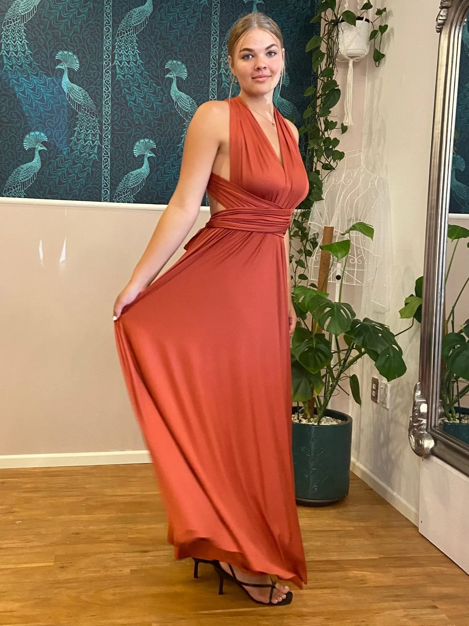 Luxe Burnt Orange Infinity bridesmaid dress with Split Express NZ wide