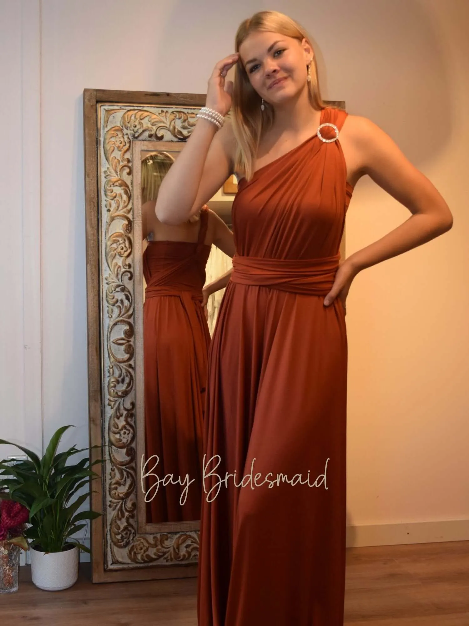 Luxe Burnt Orange Infinity bridesmaid dress with Split Express NZ wide