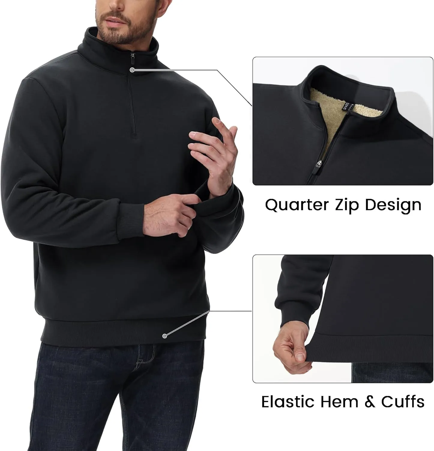MAGCOMSEN Men's Sherpa Lined Quarter Zip Fleece Heavyweight Pullover Winter Warm Sweatshirts