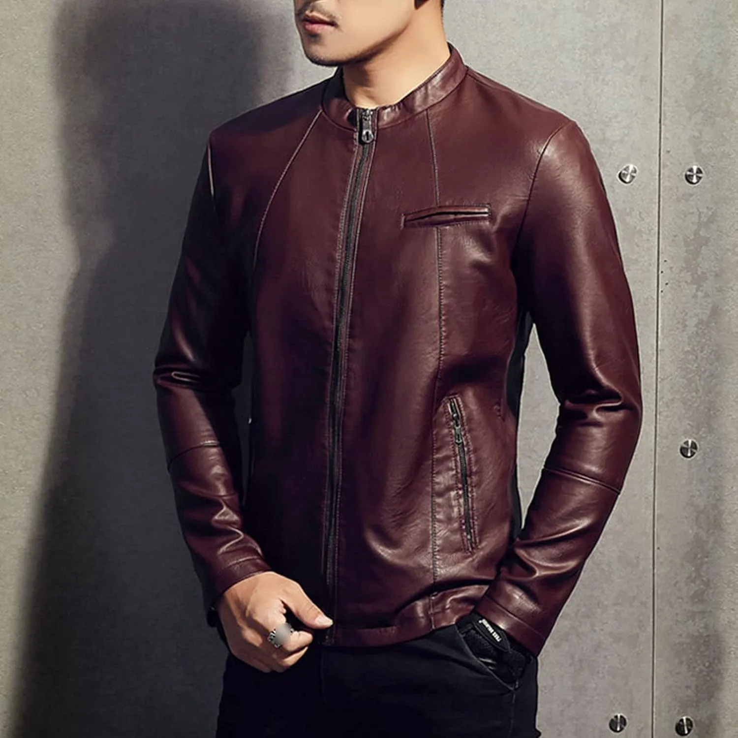 Maiyifu-GJ Men's Faux Leather Lambskin Biker Jacket Winter Warm Motorcycle Outwear Fleece Lined PU Leather Full Zip Jackets