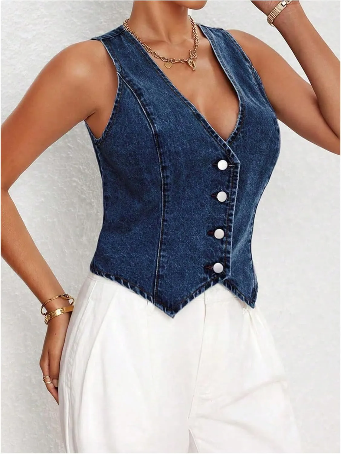 MakeMeChic Women's Denim Vest Tops Y2K Button Down V Neck Asymmetrical Crop Jean Vest Jackets
