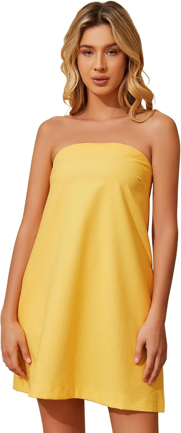 Meladyan Womens Summer Tube Dress Strapless Backless Mini Tube Dress Smocked Cut Out Relaxed Mini Dresses with Pockets