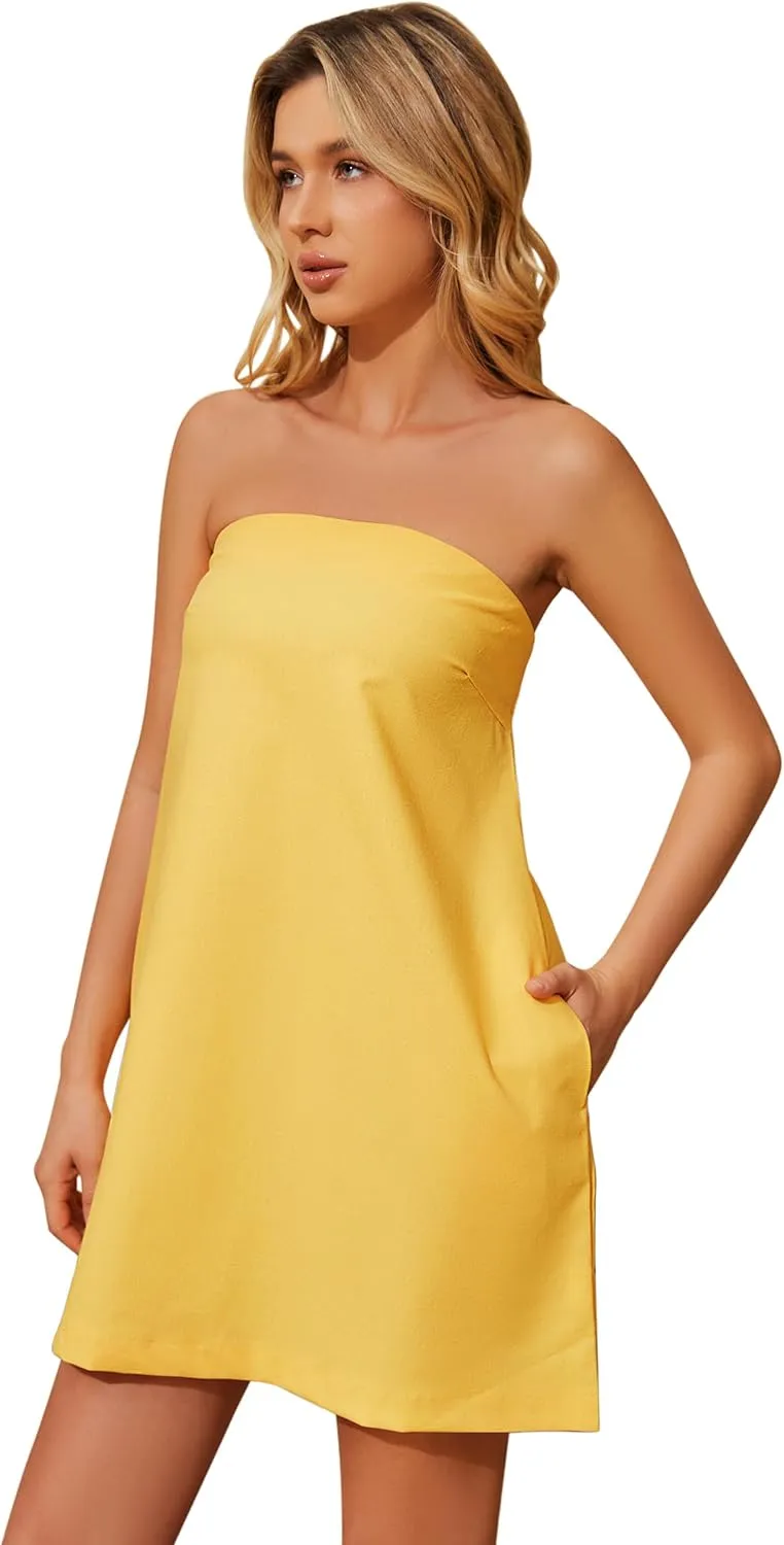 Meladyan Womens Summer Tube Dress Strapless Backless Mini Tube Dress Smocked Cut Out Relaxed Mini Dresses with Pockets