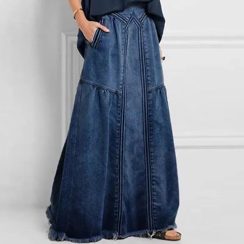 Melliflo Women's Fashion Retro Long Denim Skirt Casual Loose Elastic Waist Frayed Hem A Line Maxi Jean Skirts with Pocket