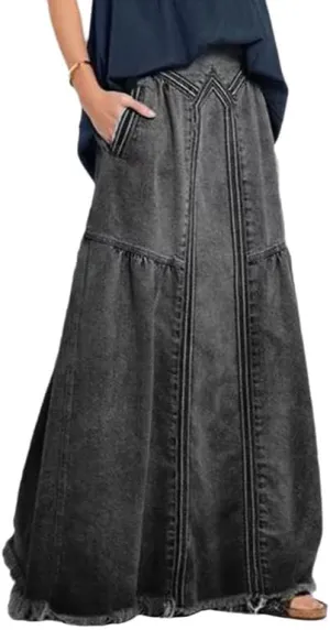 Melliflo Women's Fashion Retro Long Denim Skirt Casual Loose Elastic Waist Frayed Hem A Line Maxi Jean Skirts with Pocket