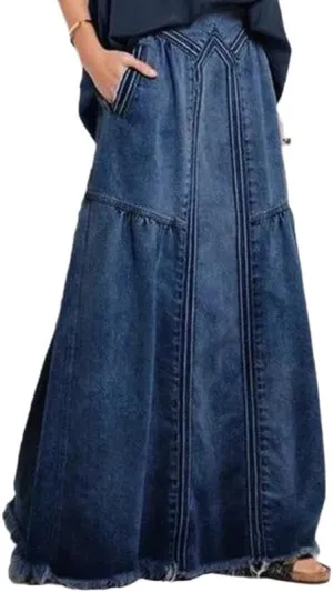 Melliflo Women's Fashion Retro Long Denim Skirt Casual Loose Elastic Waist Frayed Hem A Line Maxi Jean Skirts with Pocket