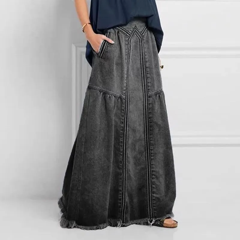 Melliflo Women's Fashion Retro Long Denim Skirt Casual Loose Elastic Waist Frayed Hem A Line Maxi Jean Skirts with Pocket