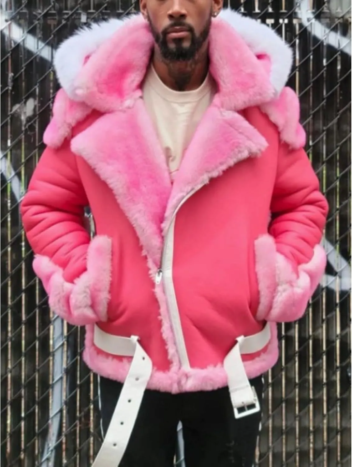 Men Shearling Fur Lined Bomber Jacket Big and Tall Faux Suede Leather Coats Outwear Vintage Winter Men Jacket