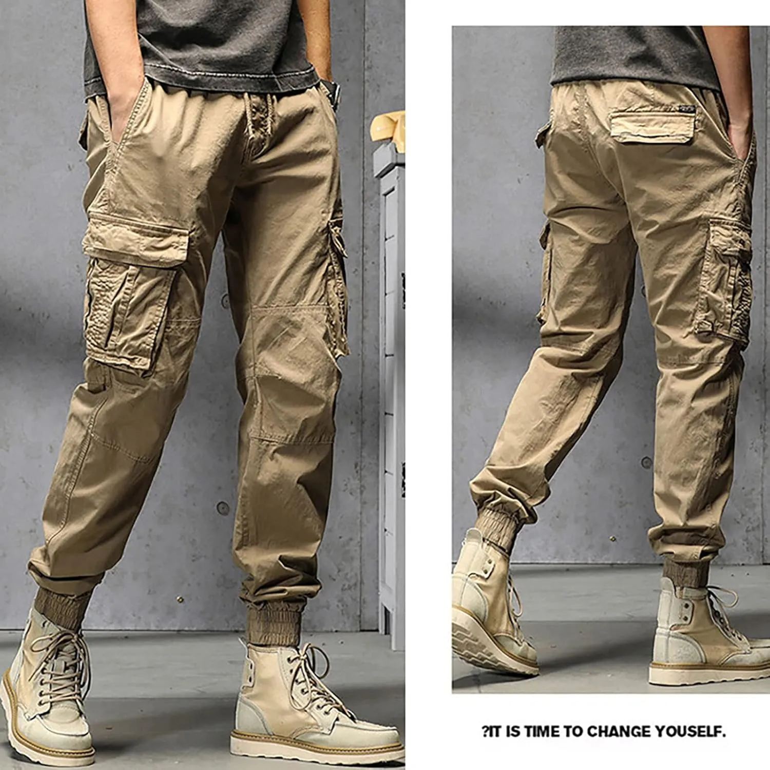 Mens Cargo Hiking Pants Casual Work Cotton Tapered Trousers Multi-Pocket Elastic Waist Baggy Overall Harem Track Pants