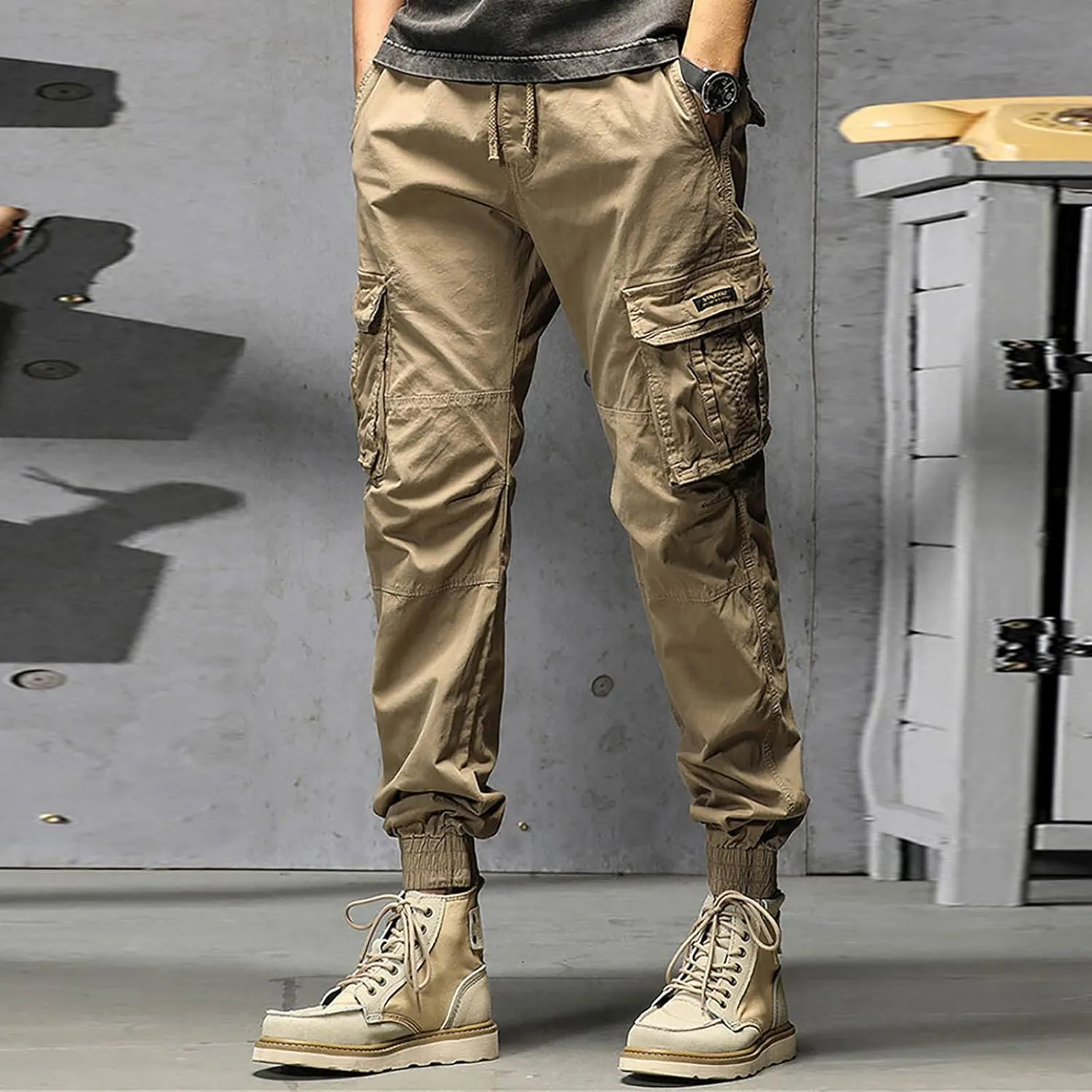 Mens Cargo Hiking Pants Casual Work Cotton Tapered Trousers Multi-Pocket Elastic Waist Baggy Overall Harem Track Pants