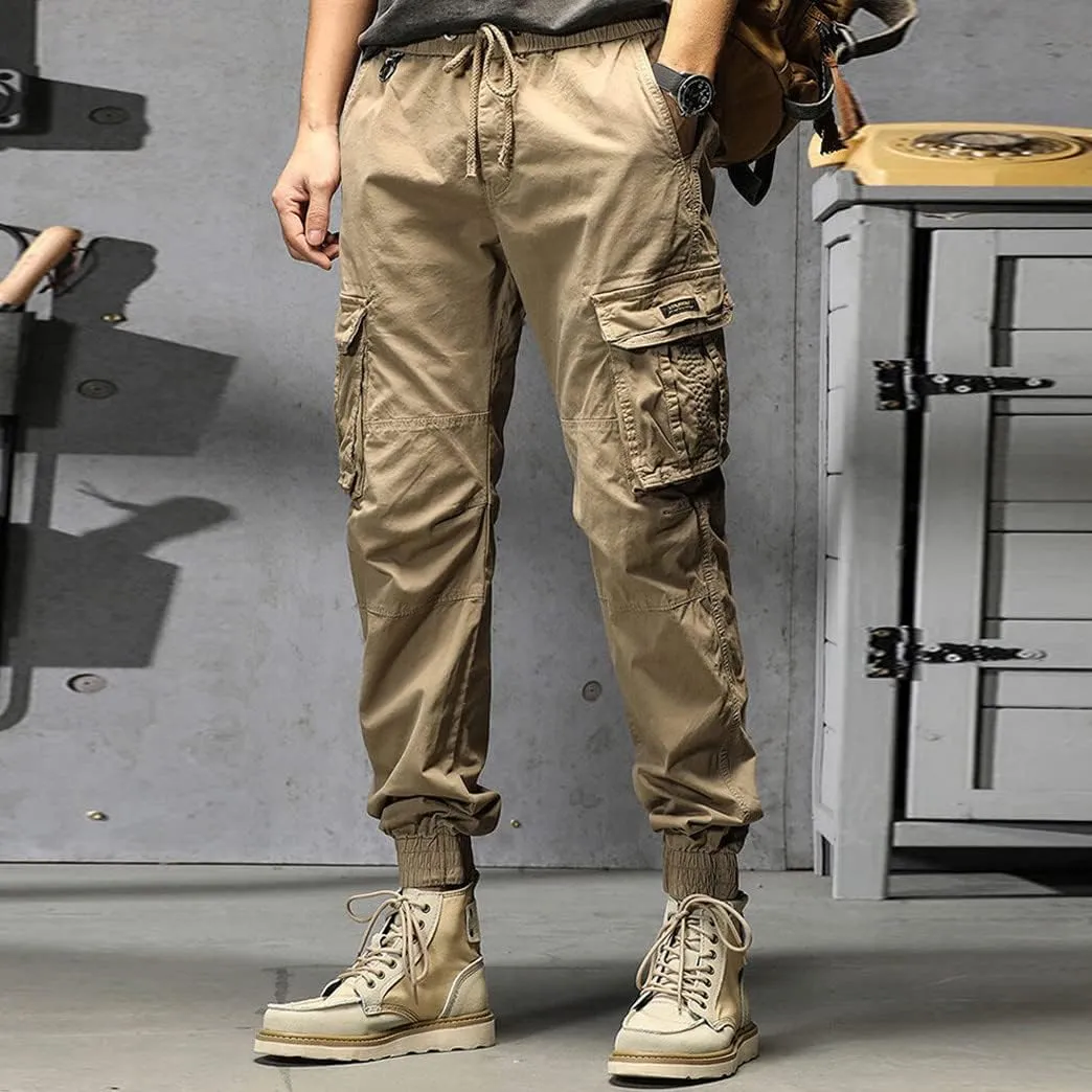 Mens Cargo Hiking Pants Casual Work Cotton Tapered Trousers Multi-Pocket Elastic Waist Baggy Overall Harem Track Pants