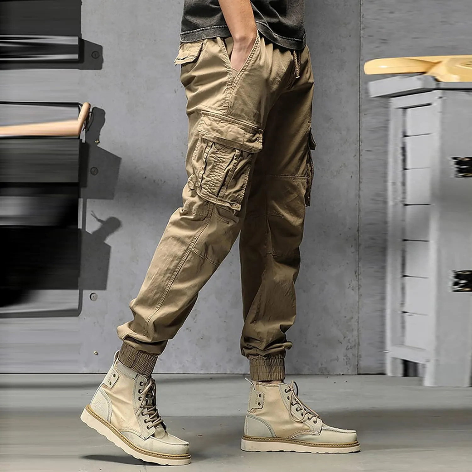 Mens Cargo Hiking Pants Casual Work Cotton Tapered Trousers Multi-Pocket Elastic Waist Baggy Overall Harem Track Pants