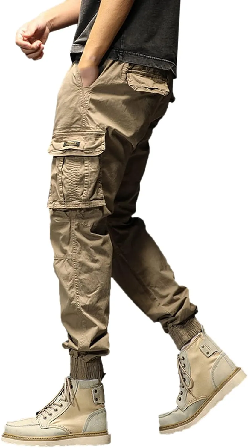 Mens Cargo Hiking Pants Casual Work Cotton Tapered Trousers Multi-Pocket Elastic Waist Baggy Overall Harem Track Pants