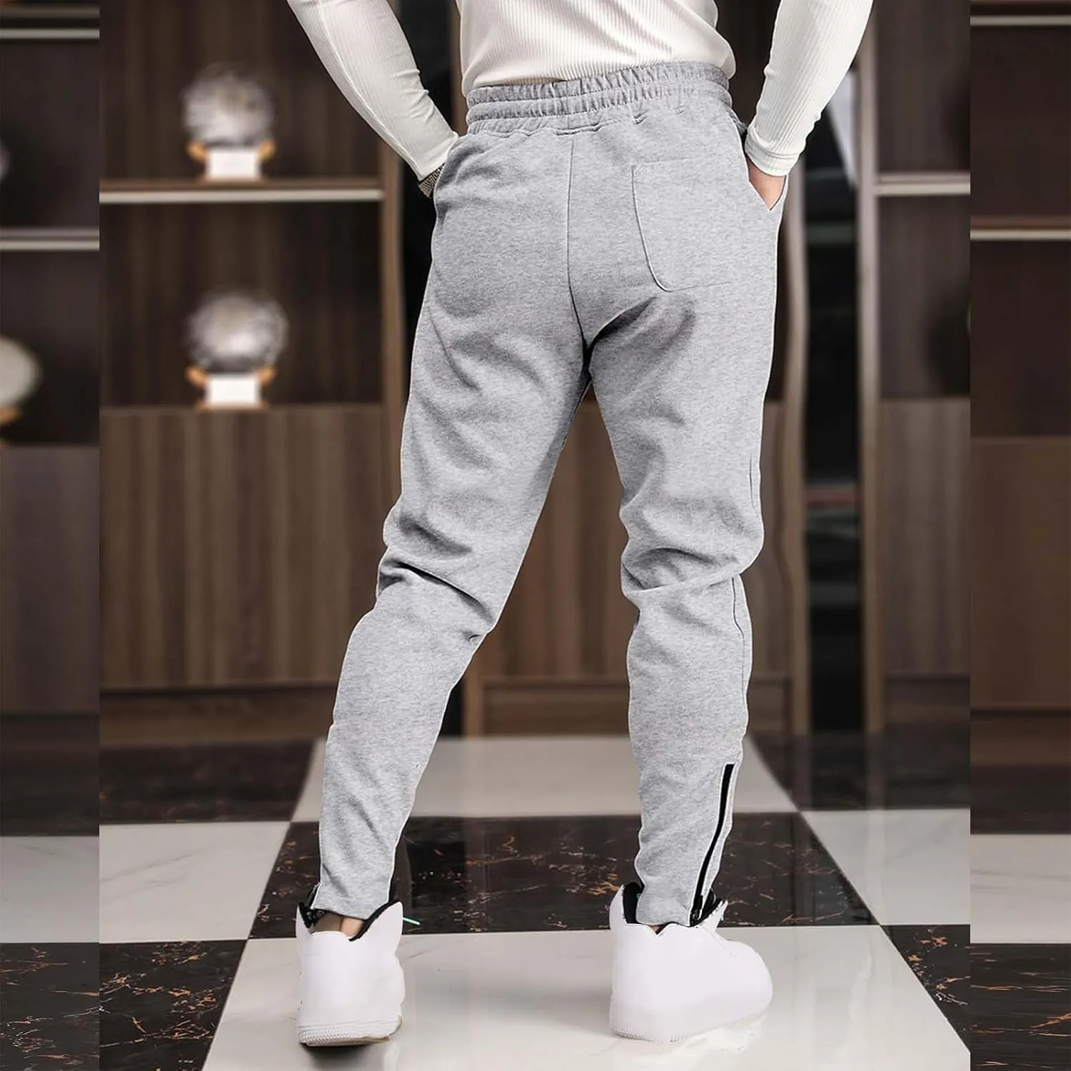 Mens Fleece Padded Joggers Pants with Pockets Elastic Waist Tapered Trousers String Zip Cinch Bottom Harem Sweatpants