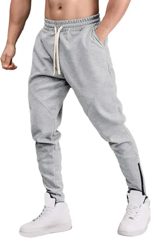Mens Fleece Padded Joggers Pants with Pockets Elastic Waist Tapered Trousers String Zip Cinch Bottom Harem Sweatpants