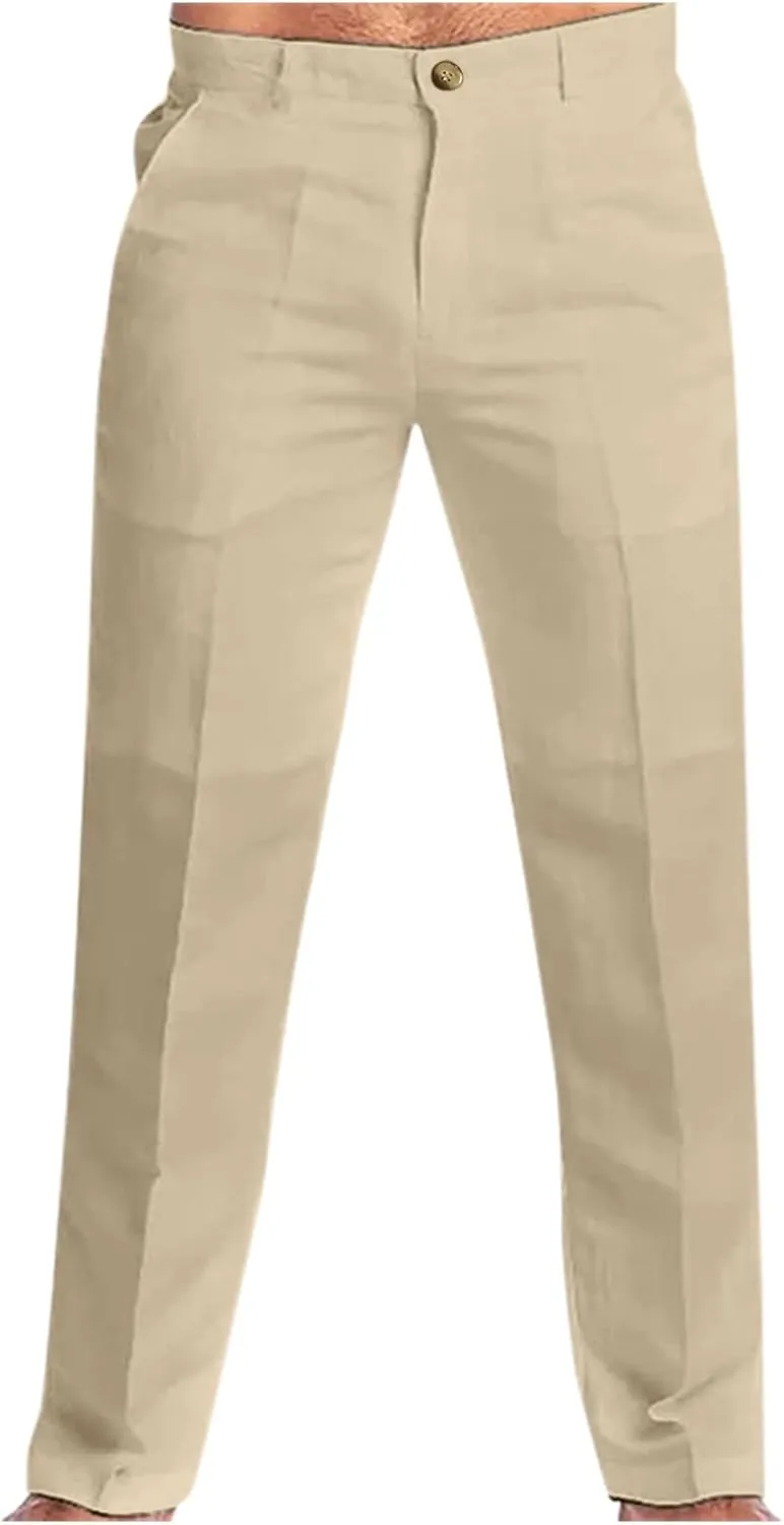 Mens Linen Dress Pants Casual Cotton Blend Relaxed Fit Straight Leg Khaki Pants Flat Front Twill Chino Trousers for Men