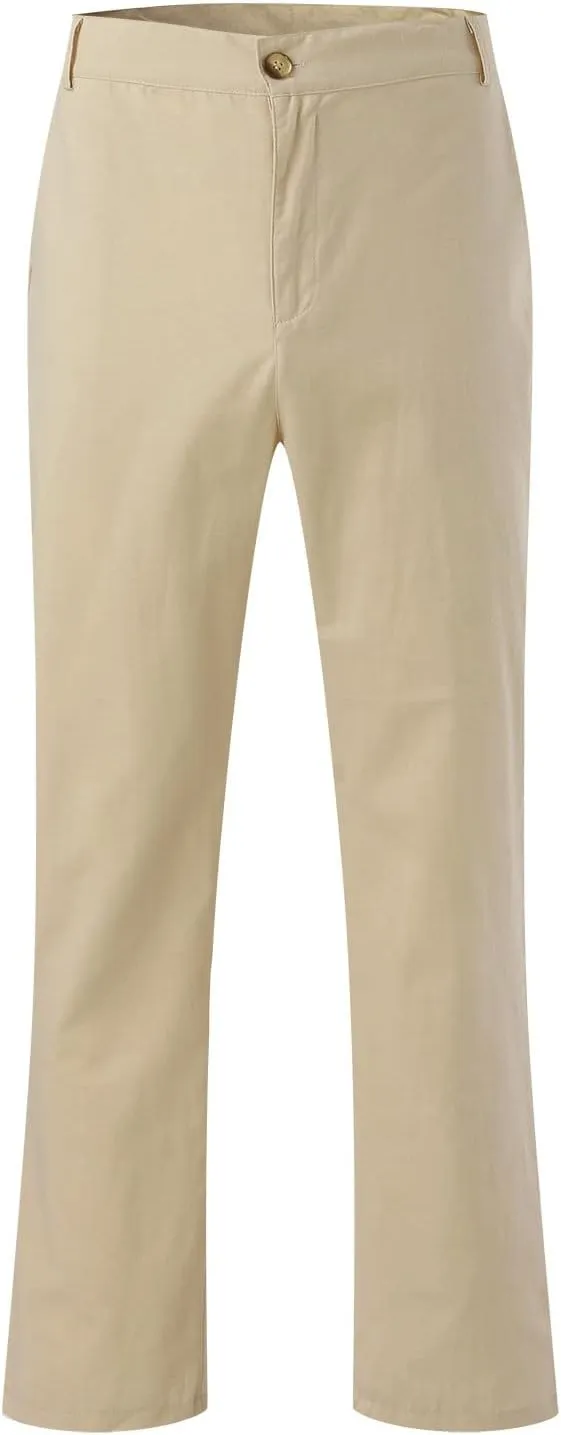Mens Linen Dress Pants Casual Cotton Blend Relaxed Fit Straight Leg Khaki Pants Flat Front Twill Chino Trousers for Men