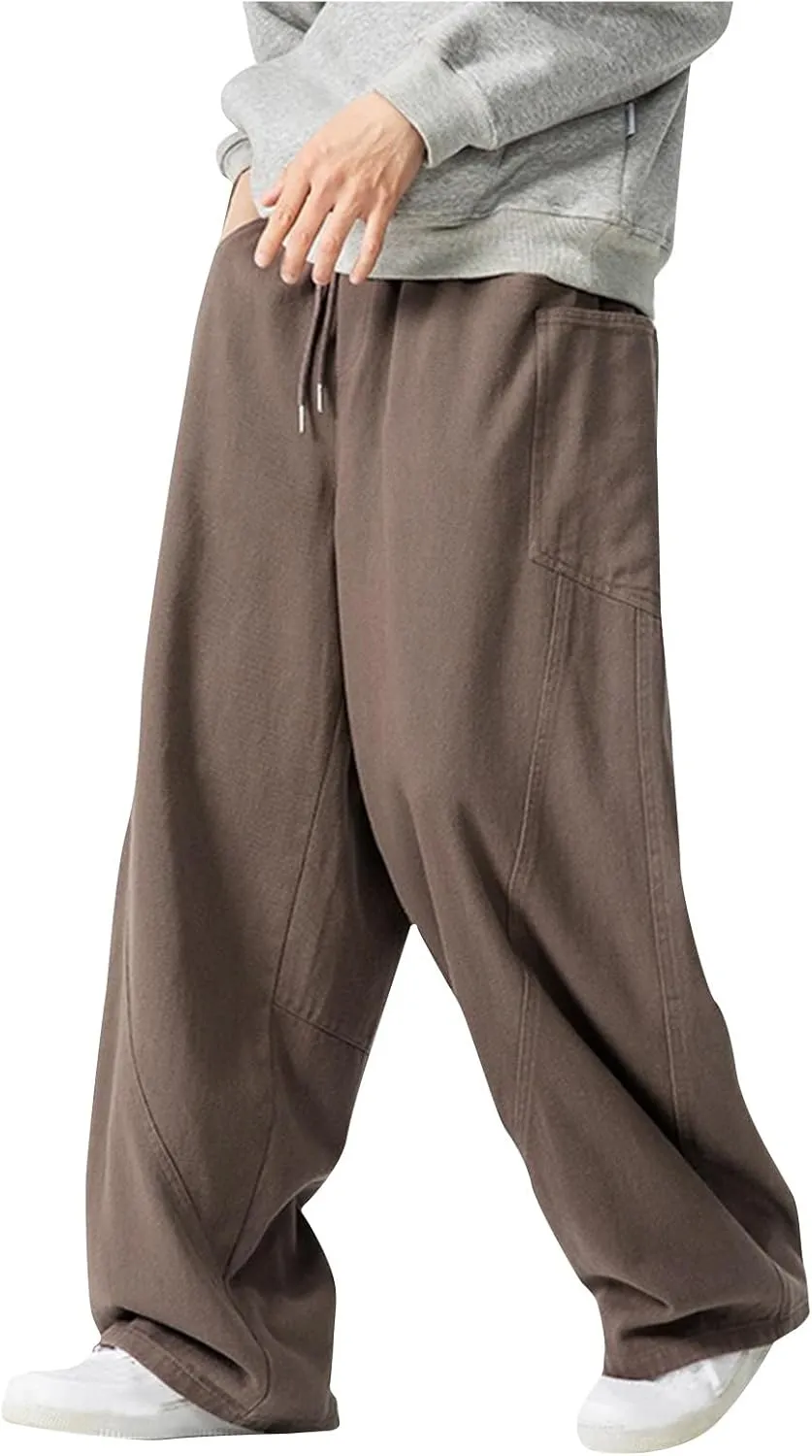 Mens Linen Harem Drawstring Sweatpants Casual Wide Leg Lightweight Trousers Summer Beach Travel Athletic Lounge Pants