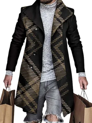 Men's Plaid Trench Coat 2024 Fall Winter Slim Fit Notch Collar Single Breasted Mid Long Peacoat