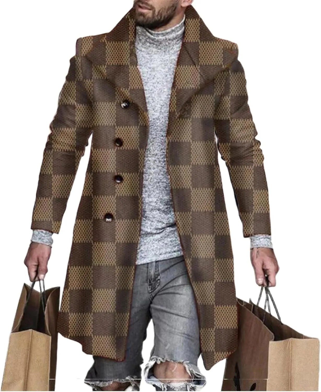Men's Plaid Trench Coat 2024 Fall Winter Slim Fit Notch Collar Single Breasted Mid Long Peacoat