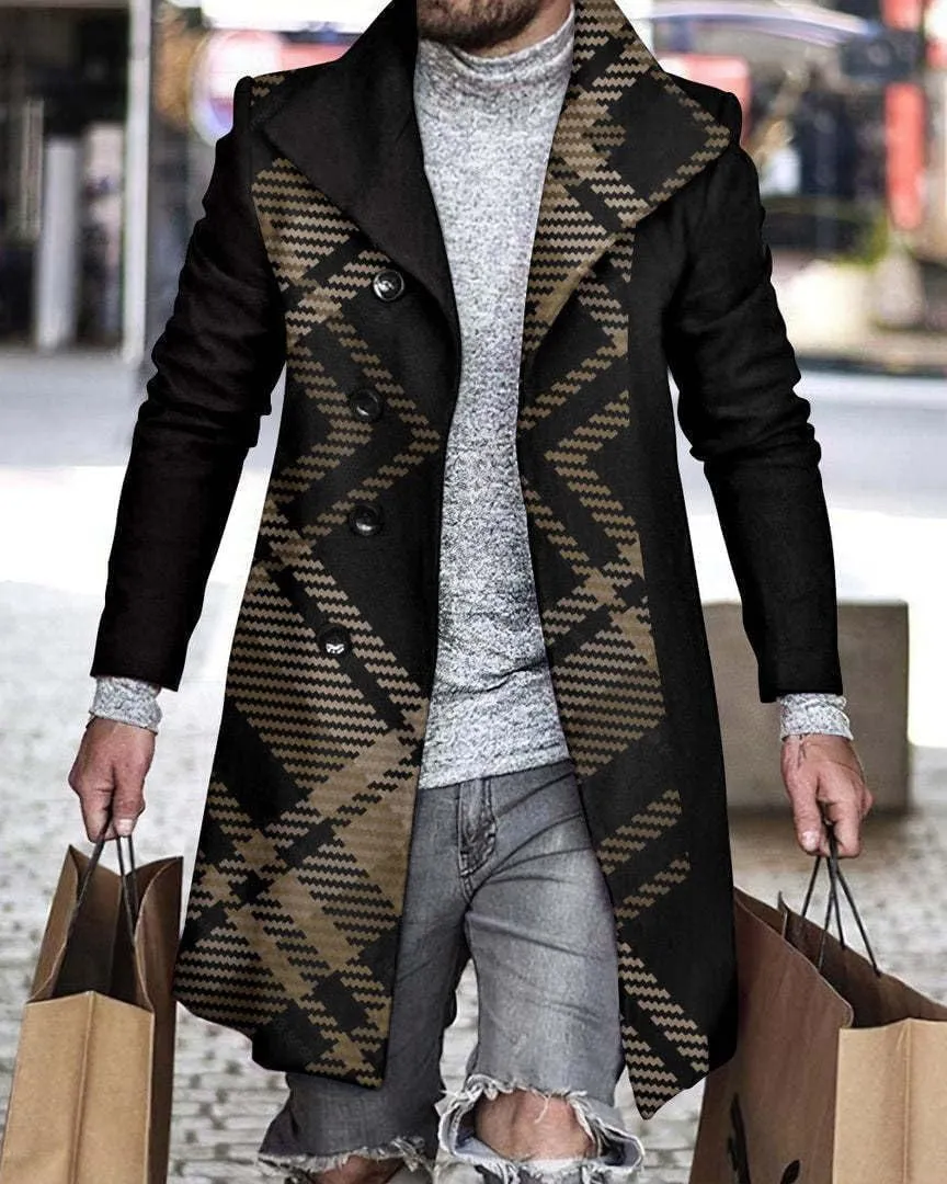 Men's Plaid Trench Coat 2024 Fall Winter Slim Fit Notch Collar Single Breasted Mid Long Peacoat