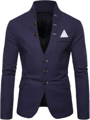 Mens Slim Fit Blazer Jacket Button Stand Collar Solid Suit Coats Casual Business Dress Blazer Coat