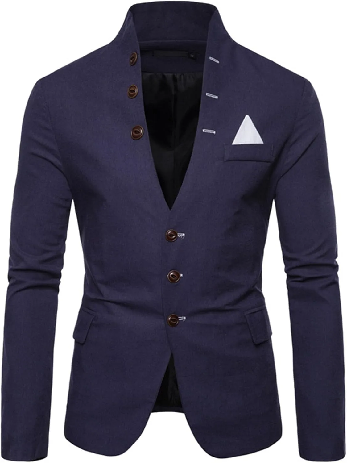 Mens Slim Fit Blazer Jacket Button Stand Collar Solid Suit Coats Casual Business Dress Blazer Coat
