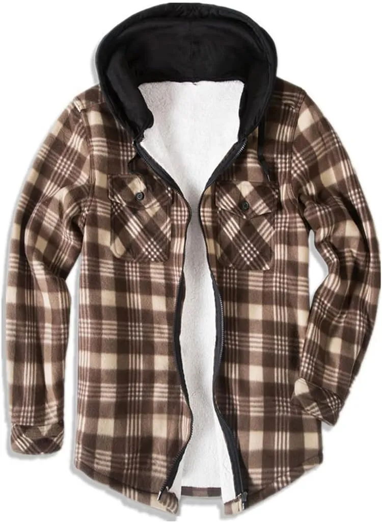 Mens Winter Warm Flannel Plaid Sherpa Padded Cotton Jackets Zip Up Heavyweight Thermal Lined Button Jacket Coat