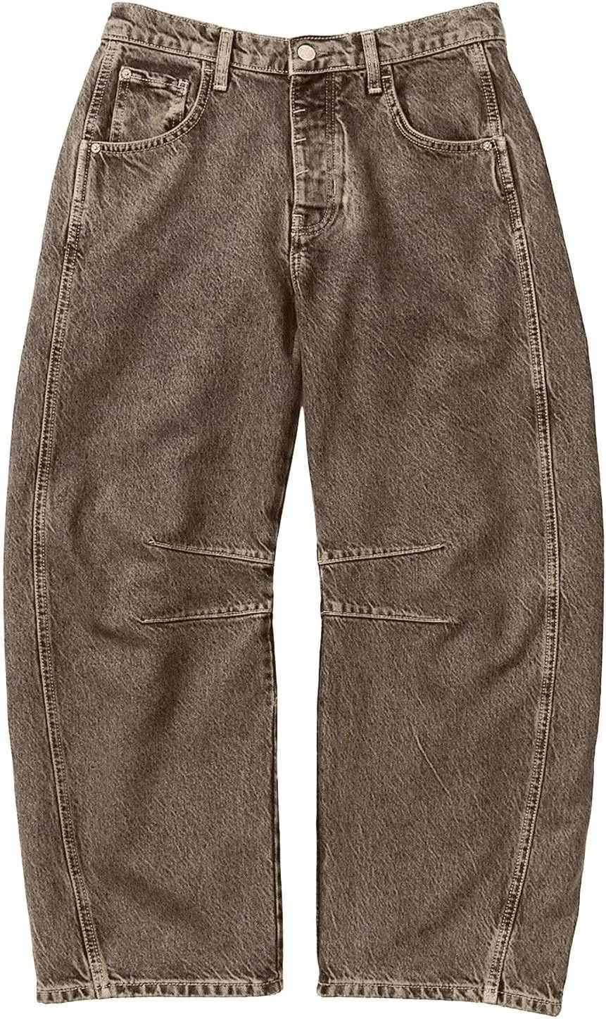 Mid Rise Barrel Jeans for Women,Vintage Wide Leg Loose Fit Cropped Denim Ankle Pants Y2k Baggy Boyfriend Trendy Jeans