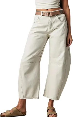 Mid Rise Barrel Jeans for Women,Vintage Wide Leg Loose Fit Cropped Denim Ankle Pants Y2k Baggy Boyfriend Trendy Jeans