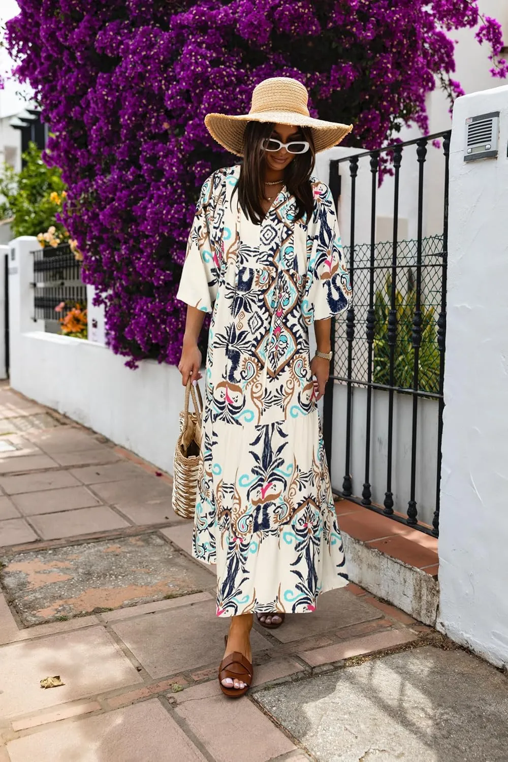 miduo Womens Loose Fit Casual Summer V Neck Half Sleeve Bohemian Geometric Pattern Maxi Long Dresses