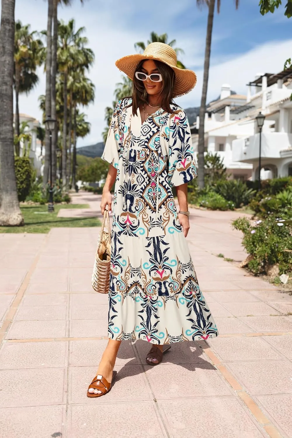 miduo Womens Loose Fit Casual Summer V Neck Half Sleeve Bohemian Geometric Pattern Maxi Long Dresses