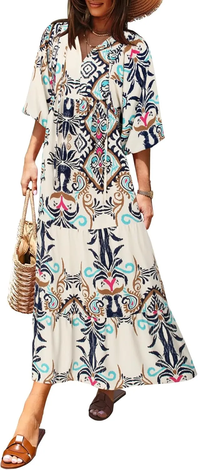 miduo Womens Loose Fit Casual Summer V Neck Half Sleeve Bohemian Geometric Pattern Maxi Long Dresses