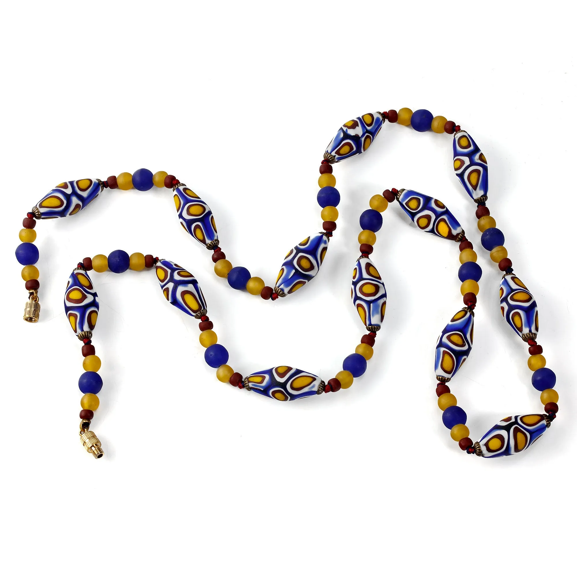 Millefiori Bead Necklace, blue, yellow and red, matte glass ovals. 28 inches. j-nlbd1288