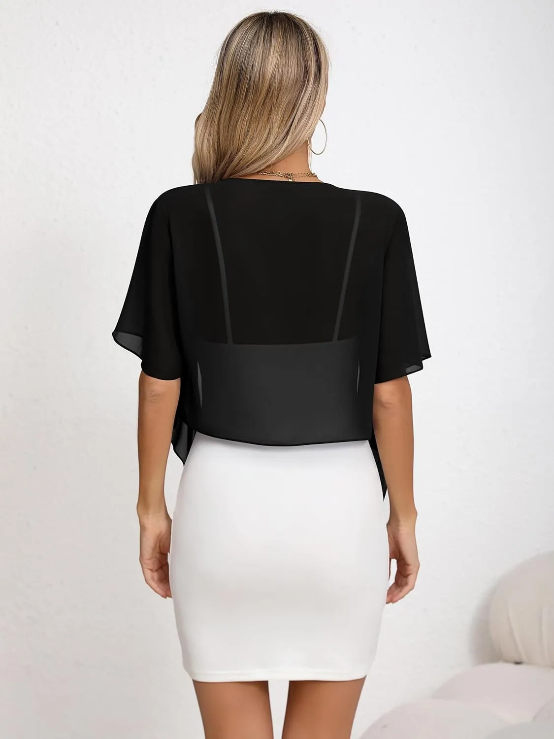 Missufe Women's Short Sleeve Tie Front Cropped Cardigan Summer Lightweight Chiffon Bolero Shrug