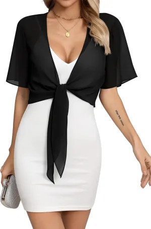 Missufe Women's Short Sleeve Tie Front Cropped Cardigan Summer Lightweight Chiffon Bolero Shrug