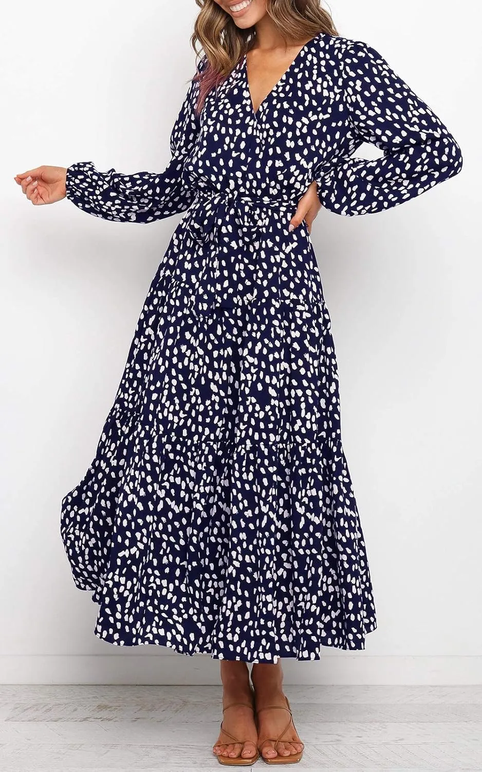 MITILLY Women's Boho Leopard Print Ruffle Long Sleeve V Neck Casual Flowy Party Maxi Dress