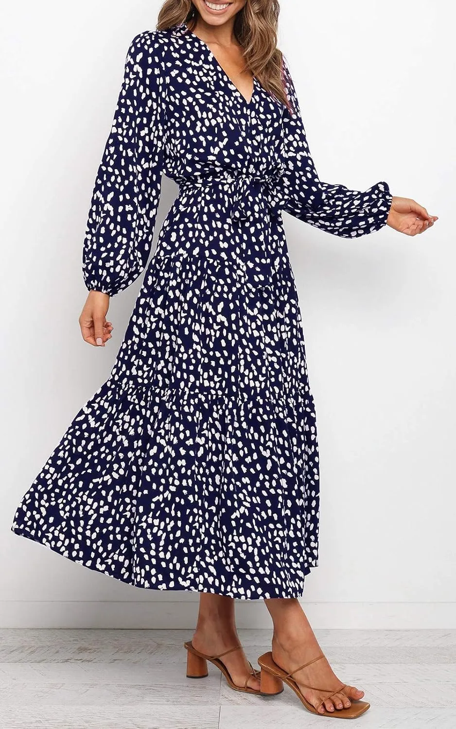 MITILLY Women's Boho Leopard Print Ruffle Long Sleeve V Neck Casual Flowy Party Maxi Dress