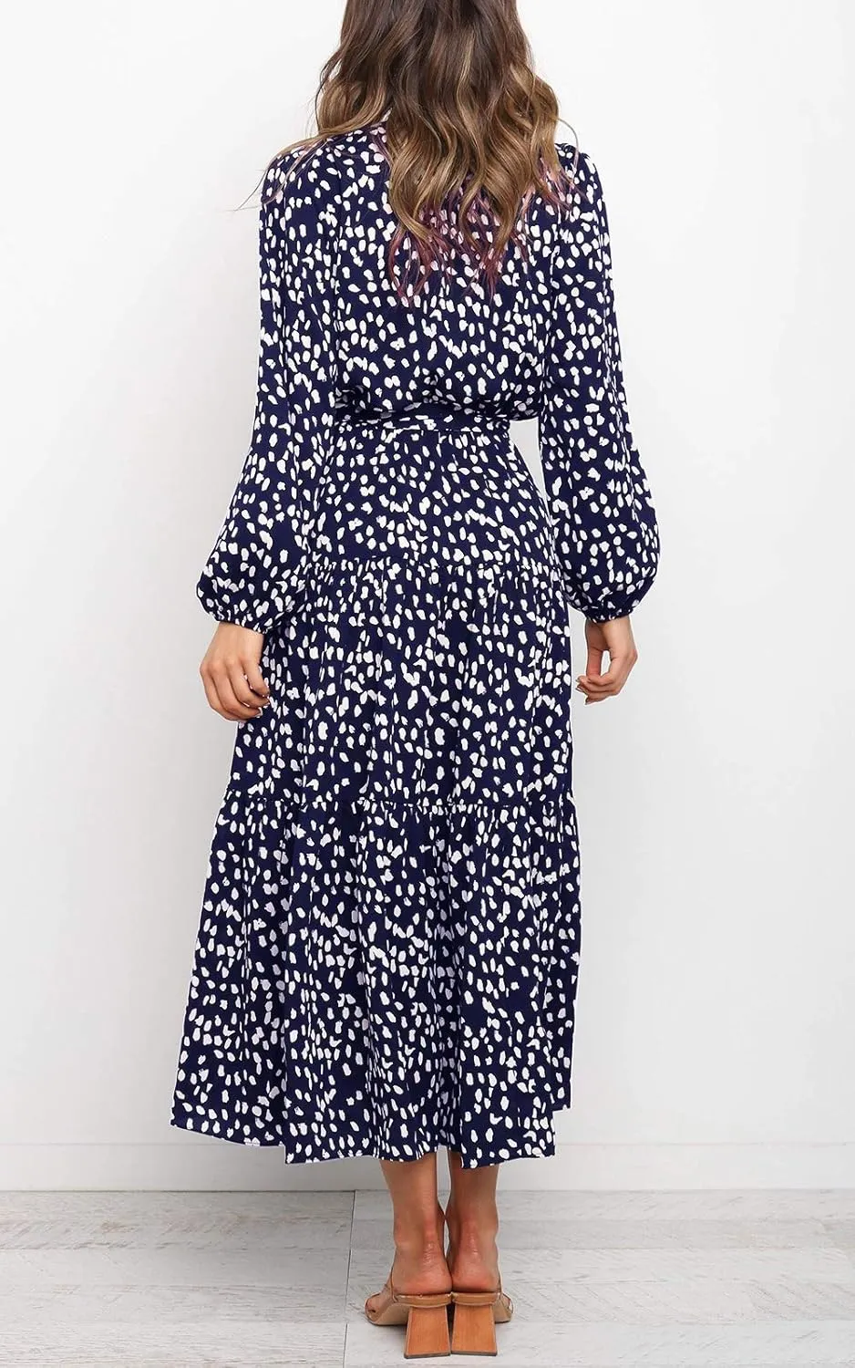 MITILLY Women's Boho Leopard Print Ruffle Long Sleeve V Neck Casual Flowy Party Maxi Dress