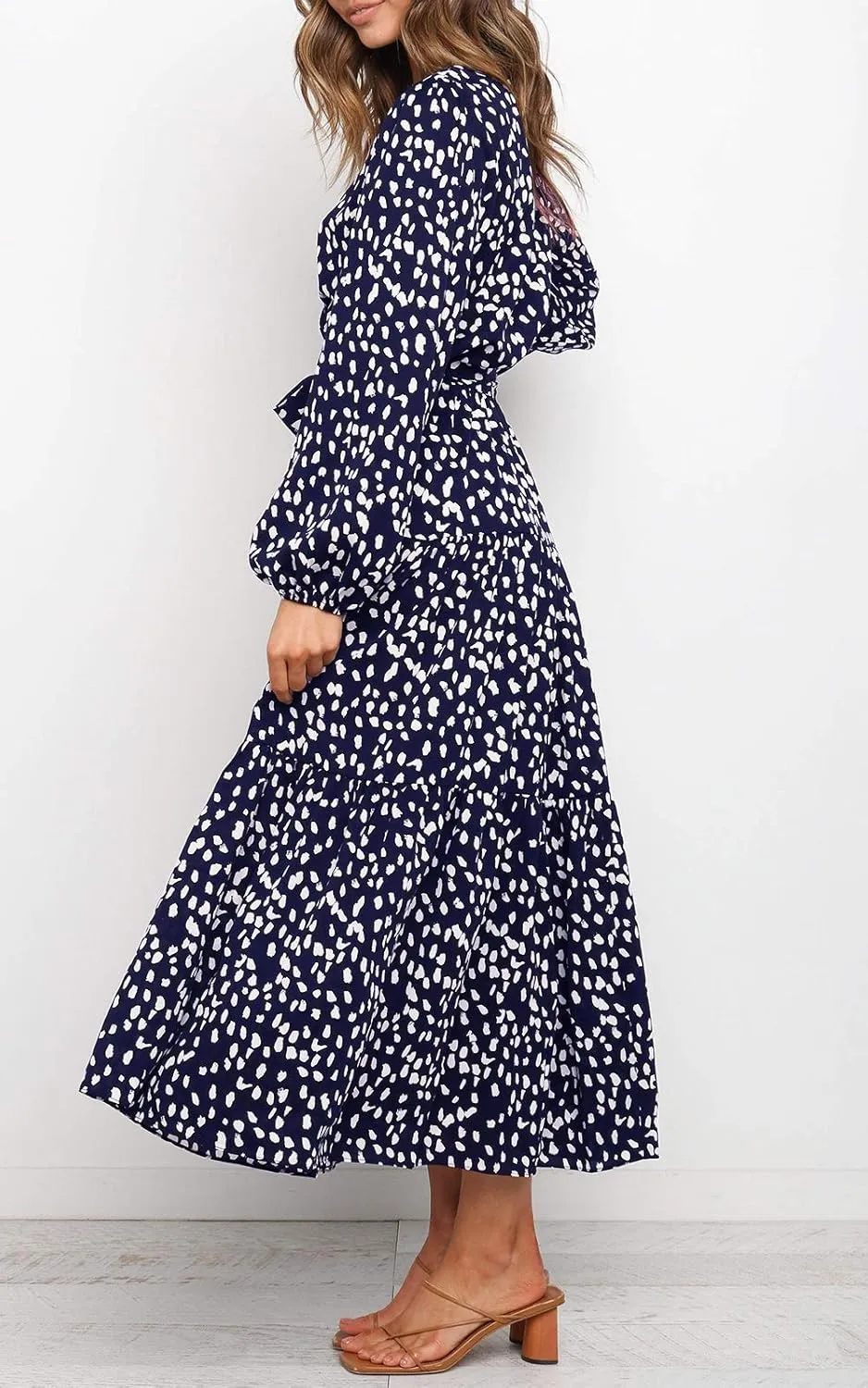 MITILLY Women's Boho Leopard Print Ruffle Long Sleeve V Neck Casual Flowy Party Maxi Dress