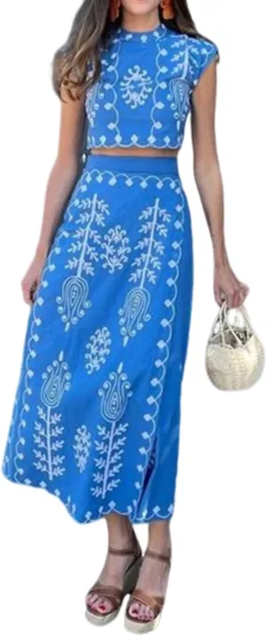 MOLERFO Linen Set Embroidery Two Piece Sets for Women Summer Boho Maxi Skirt Set 2 Piece Sets for Women Going Out (Blue,XS)