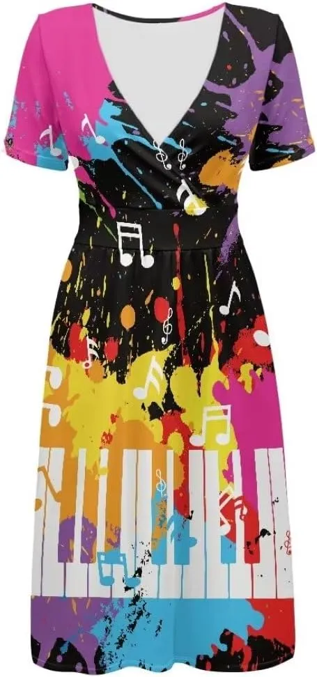 Music Piano Keys Women's Summer Short Sleeve V-Neck Dress Casual Midi Sundresses