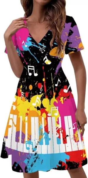 Music Piano Keys Women's Summer Short Sleeve V-Neck Dress Casual Midi Sundresses