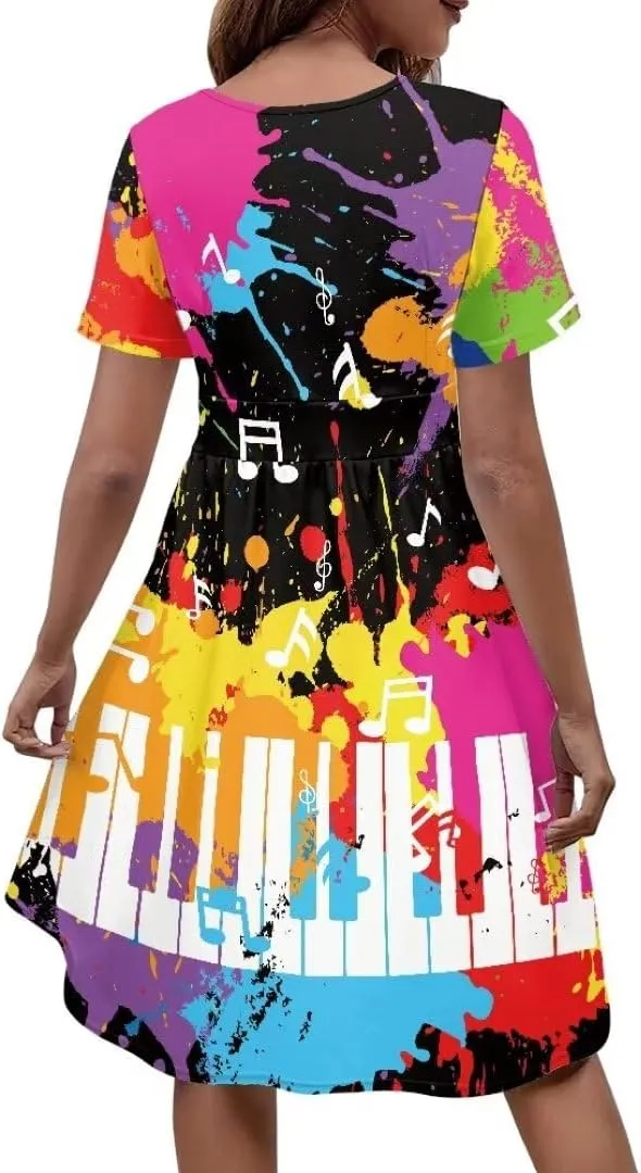 Music Piano Keys Women's Summer Short Sleeve V-Neck Dress Casual Midi Sundresses
