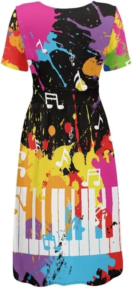 Music Piano Keys Women's Summer Short Sleeve V-Neck Dress Casual Midi Sundresses