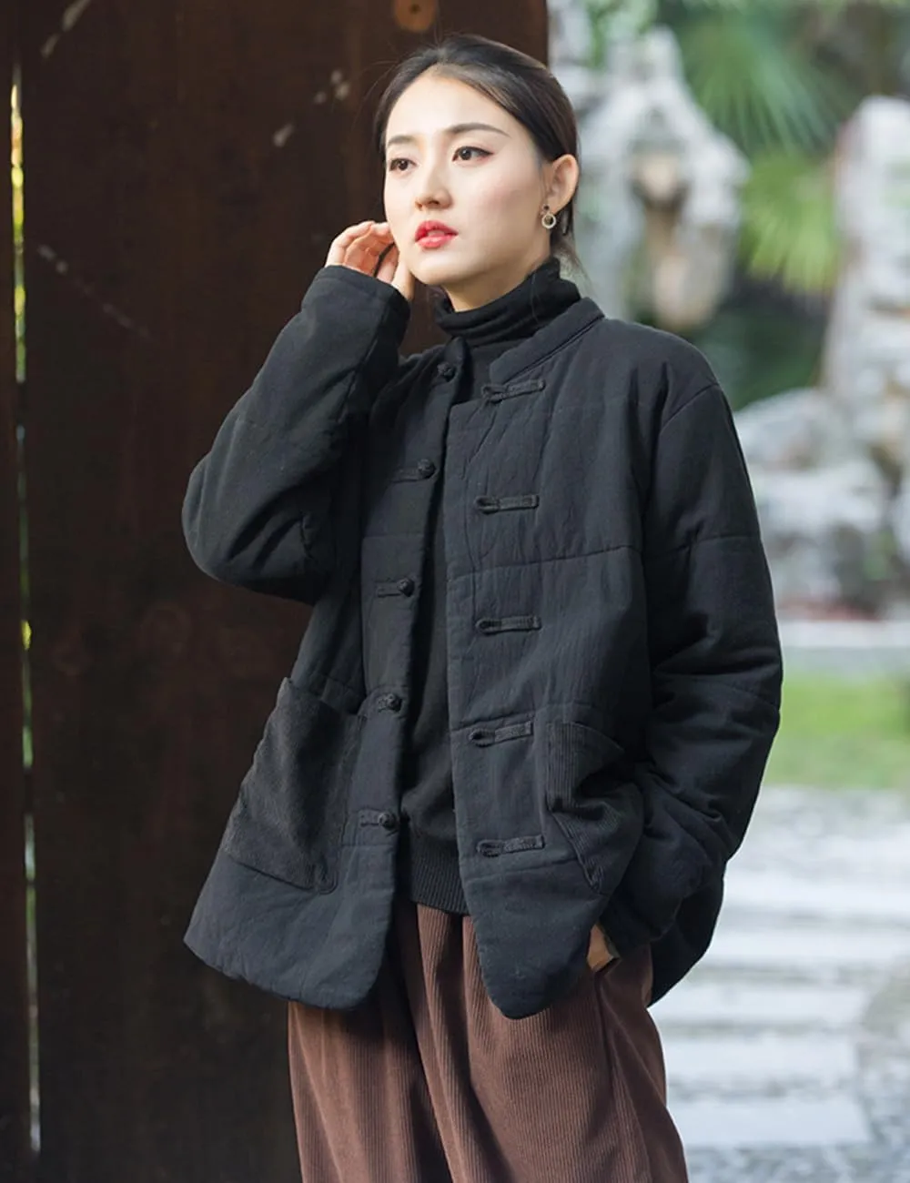 NFYM Women's Chinese Cotton Padded Coats Frog Button Down Winter Cotton Quilted Tang Suit Jackets with Pockets