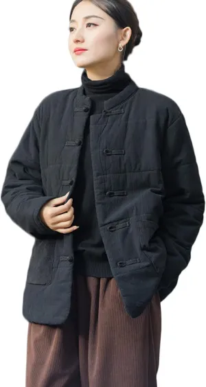 NFYM Women's Chinese Cotton Padded Coats Frog Button Down Winter Cotton Quilted Tang Suit Jackets with Pockets