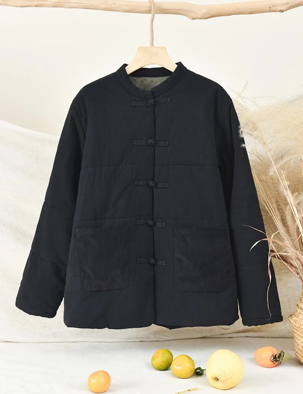 NFYM Women's Chinese Cotton Padded Coats Frog Button Down Winter Cotton Quilted Tang Suit Jackets with Pockets